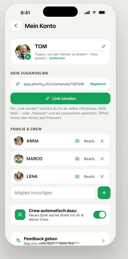 plonky App — Mein Konto mit Familie & Crew